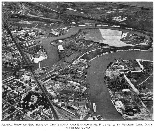 Aerial image of the Brandywine and Christina Rivers, in the early days of the Port of Wilmington.